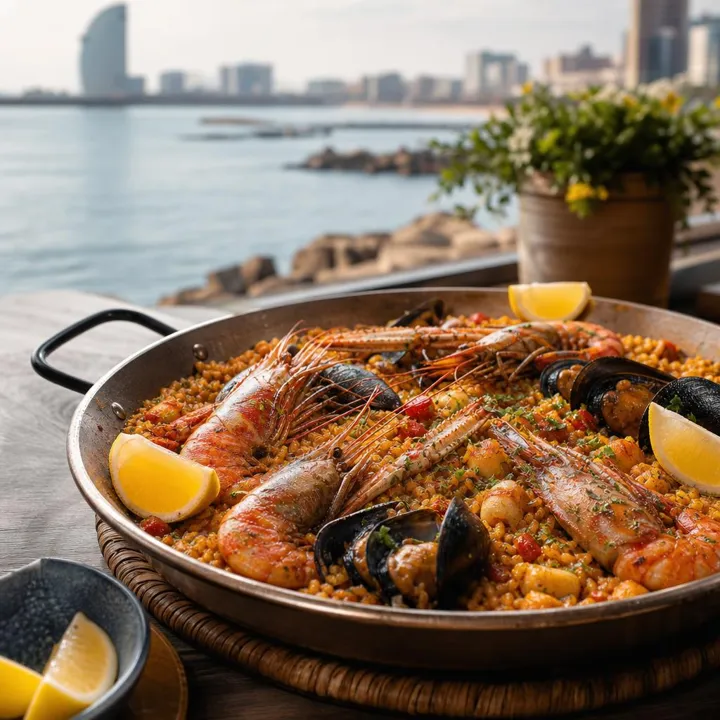 Una paella de marisc sobre la taula d'un restaurant