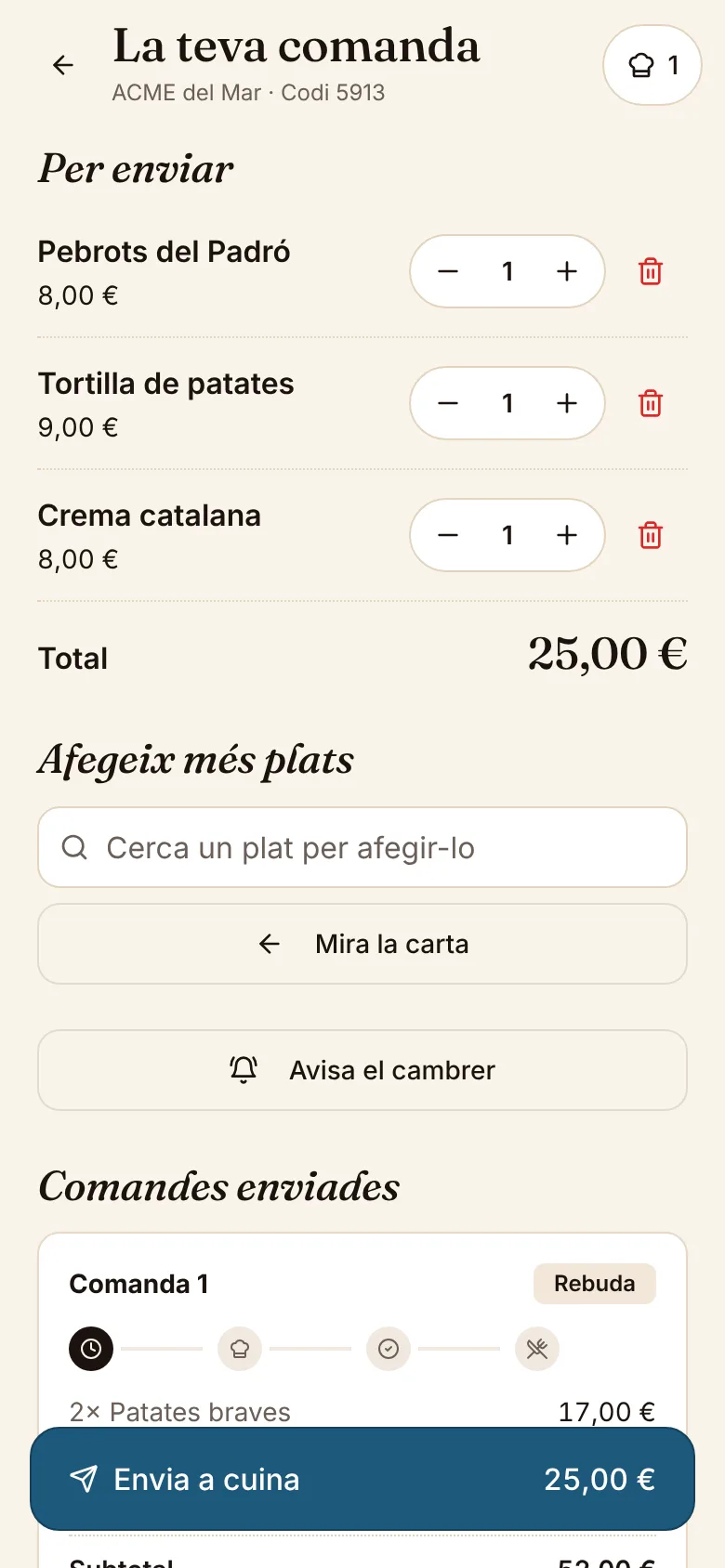 Carretó compartit de la taula al mòbil d'un client