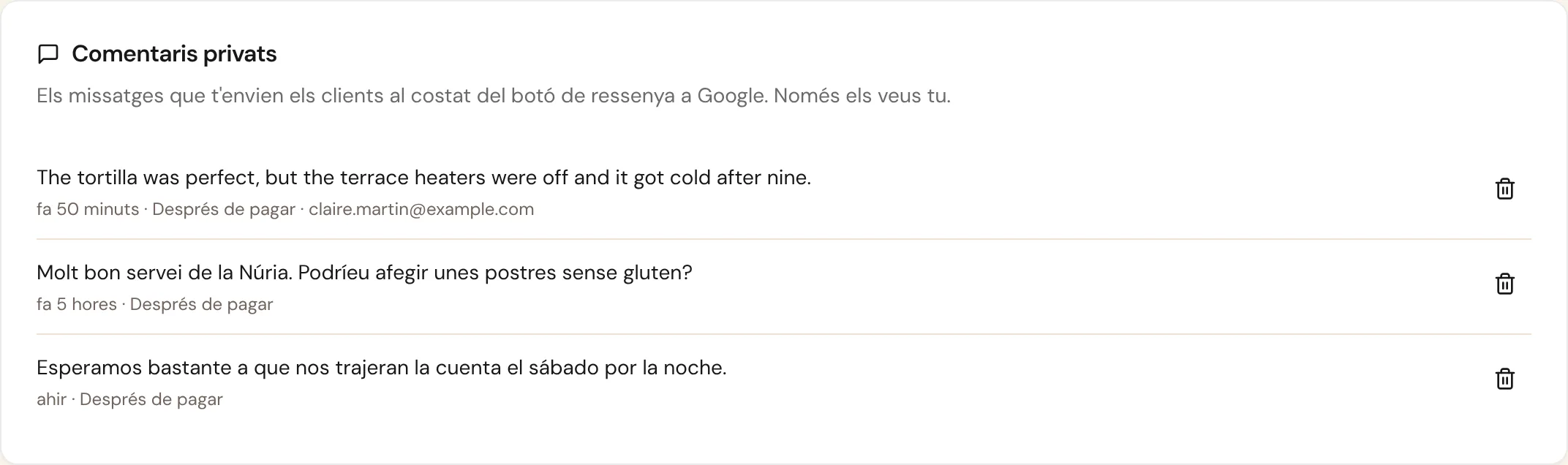 Comentaris privats de clients al restaurant de demostració