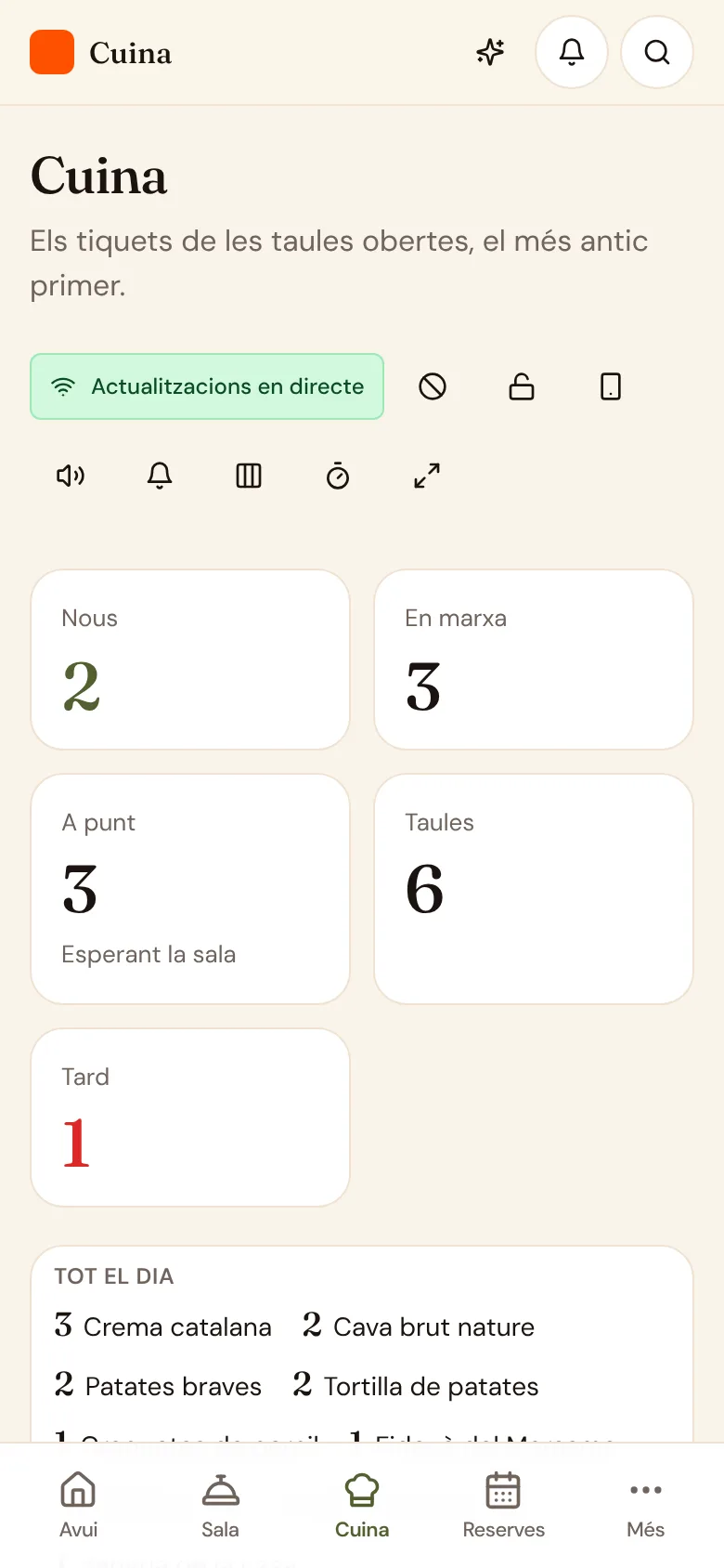 La pantalla de cuina amb comandes per taula