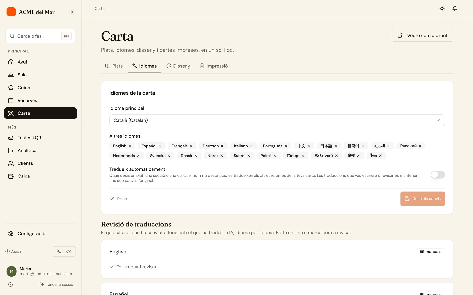 Configuració d'idiomes amb l'idioma base de la carta i 21 idiomes secundaris