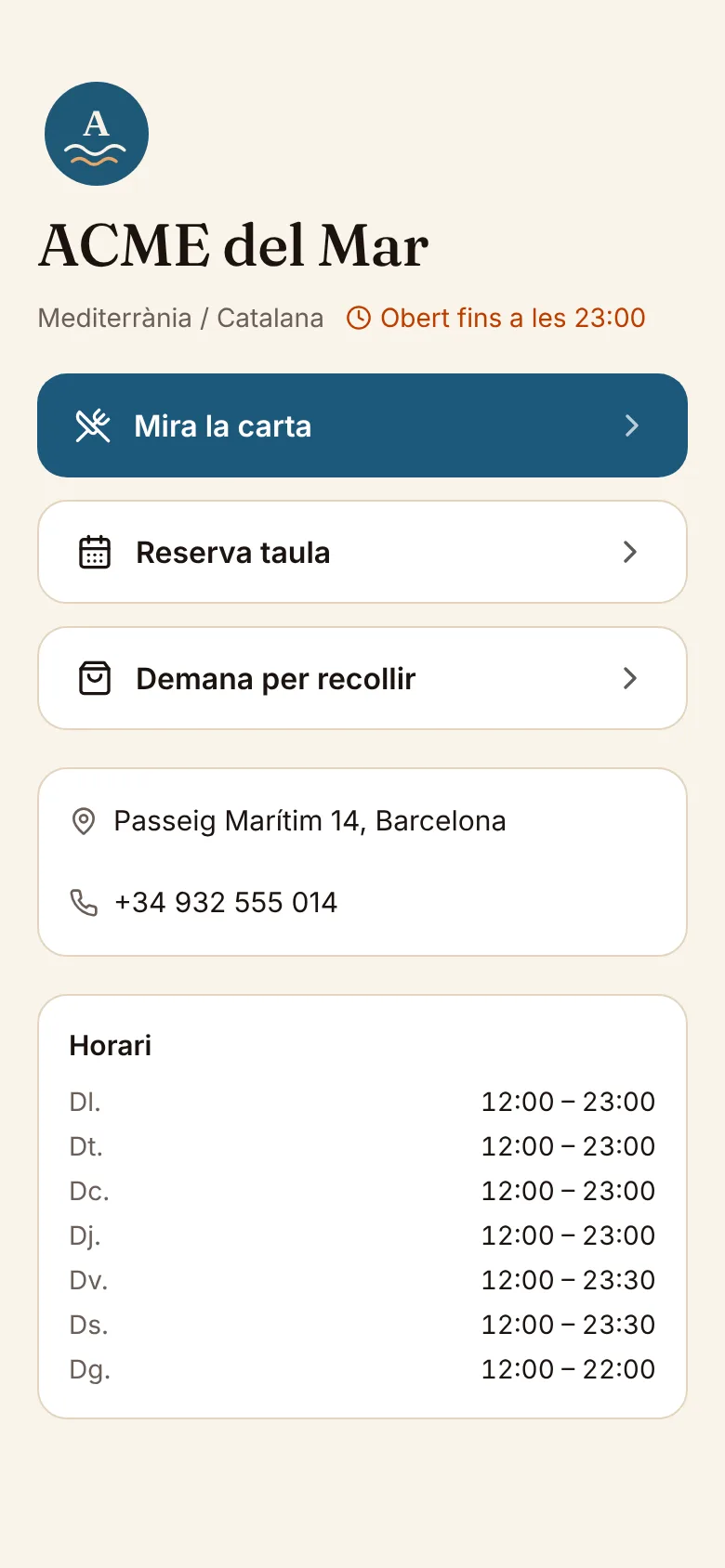 La pàgina de l'enllaç del restaurant de demostració