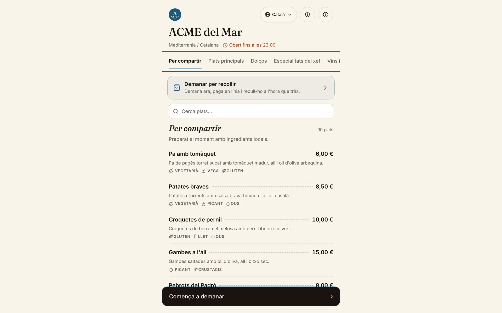 La mateixa carta a ComidaQR amb fotos i al·lèrgens