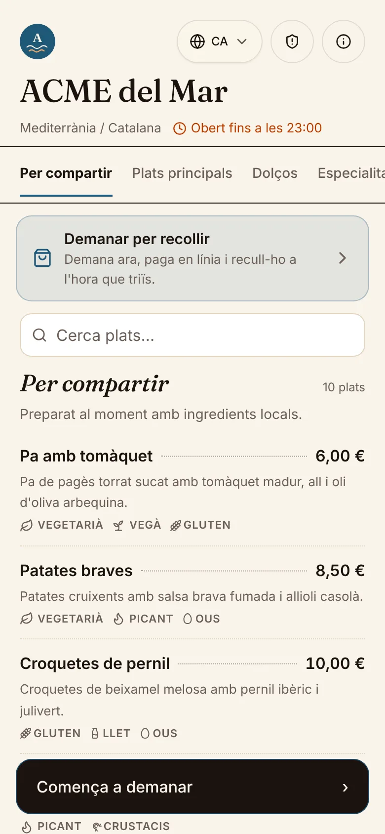 Mòbil d'un client amb la carta del restaurant de demostració, fotos i preus