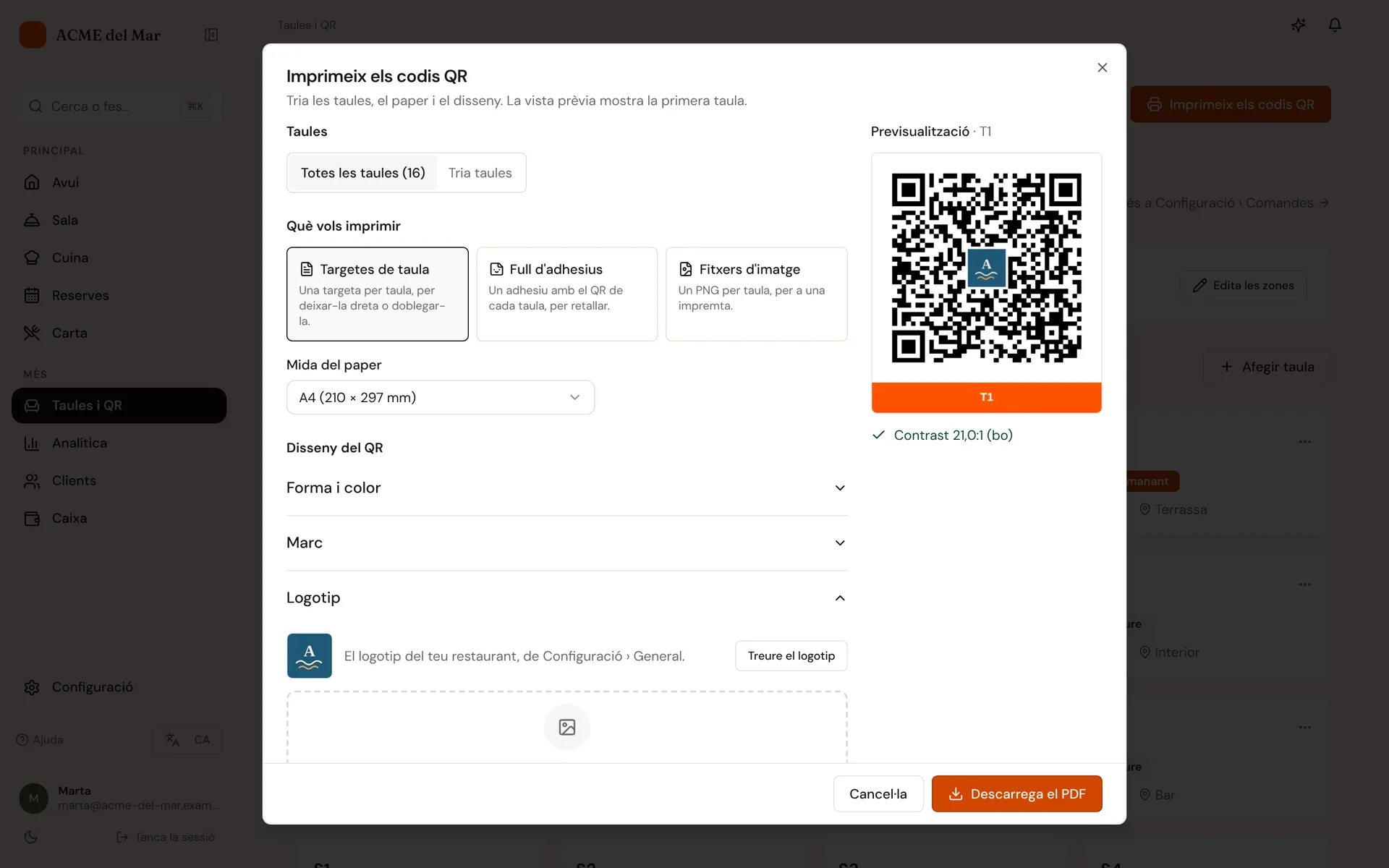 Dissenyador de codis QR amb opcions de color, marc i exportaci ó