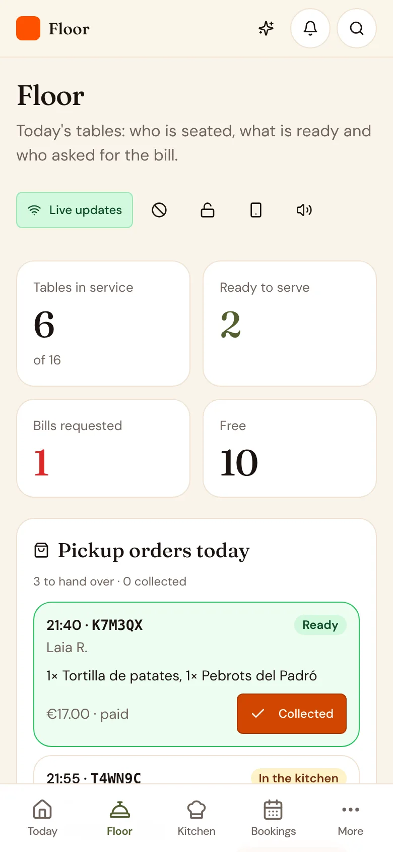 The floor app with ready orders