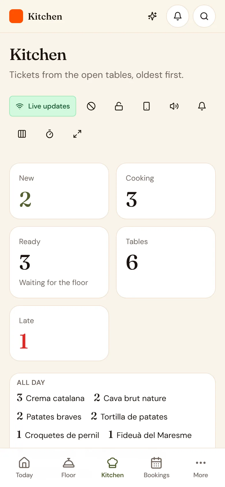 The kitchen screen with orders by table