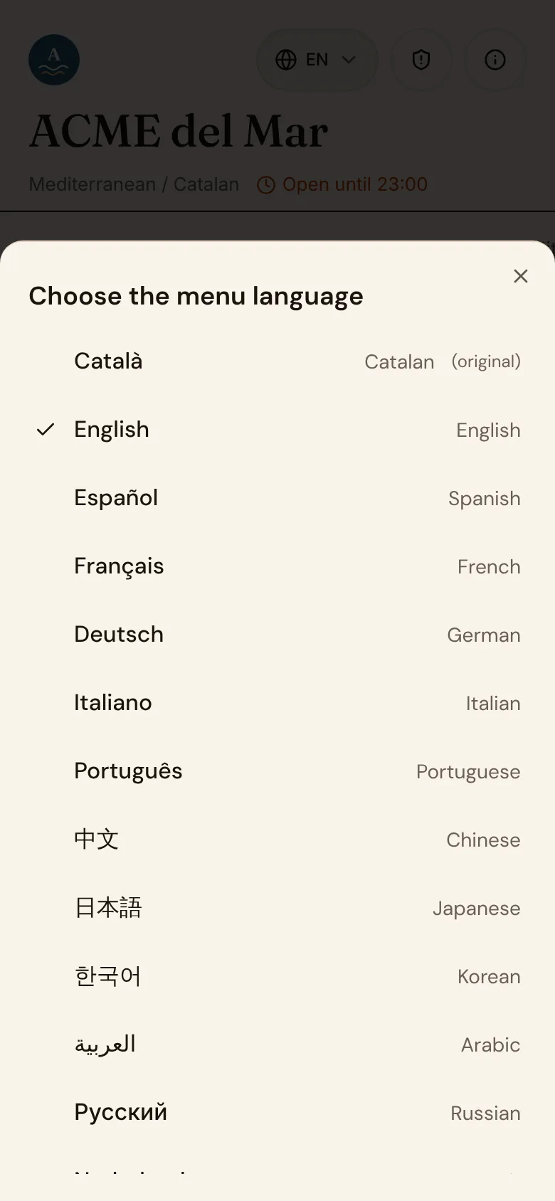 The language picker on the demo menu