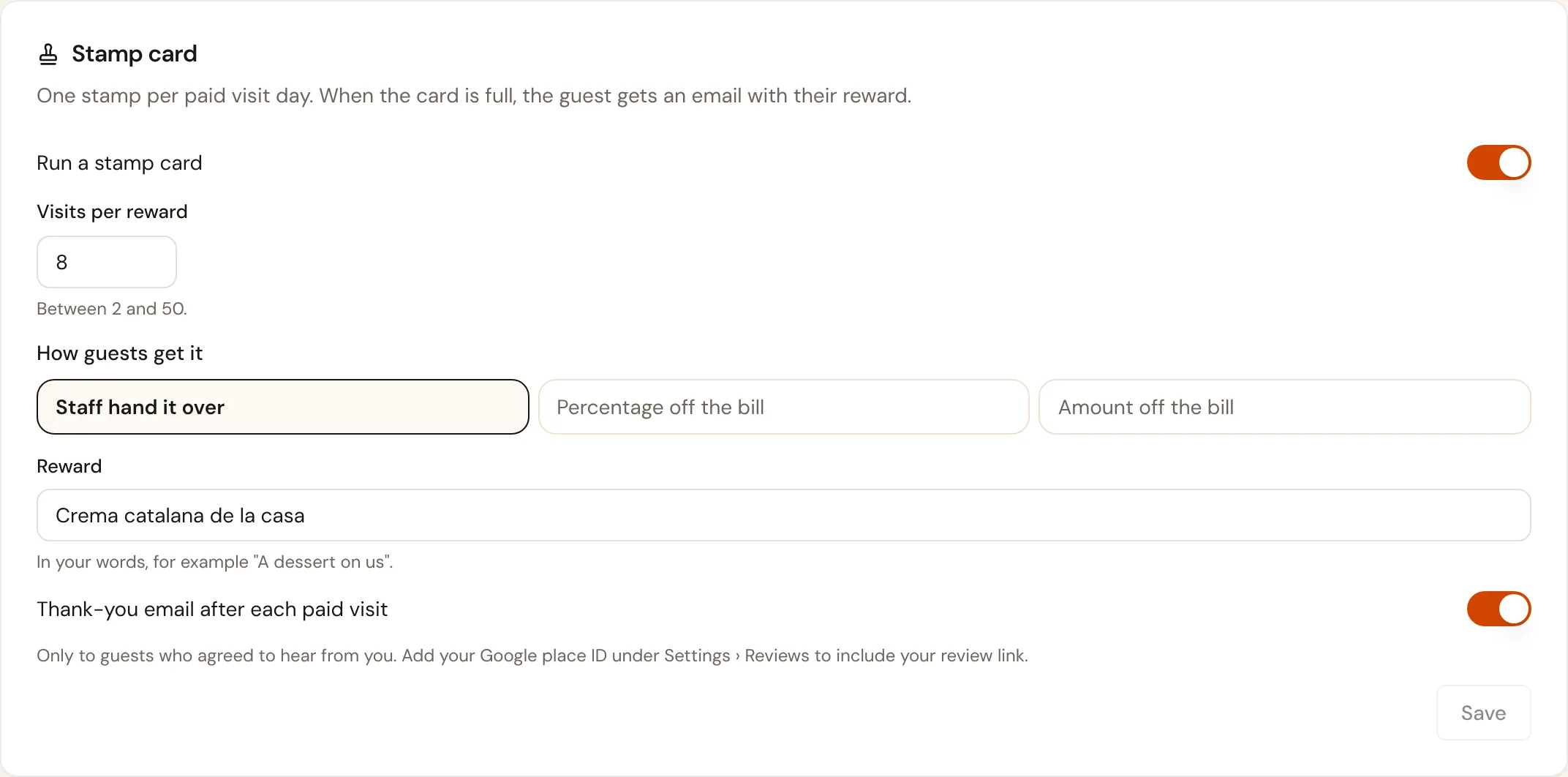 The stamp card settings at the demo restaurant