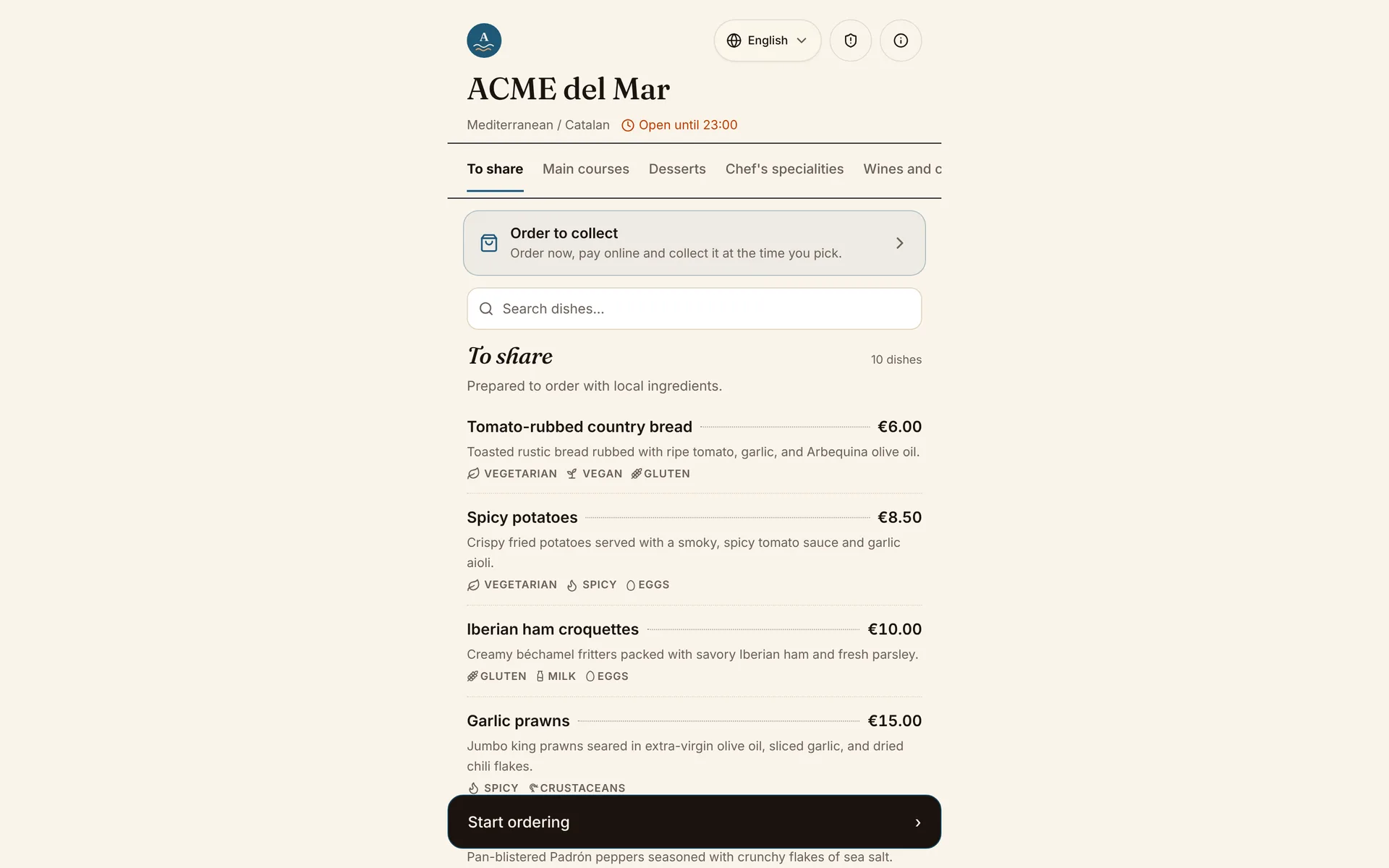 The digital menu created from a paper menu