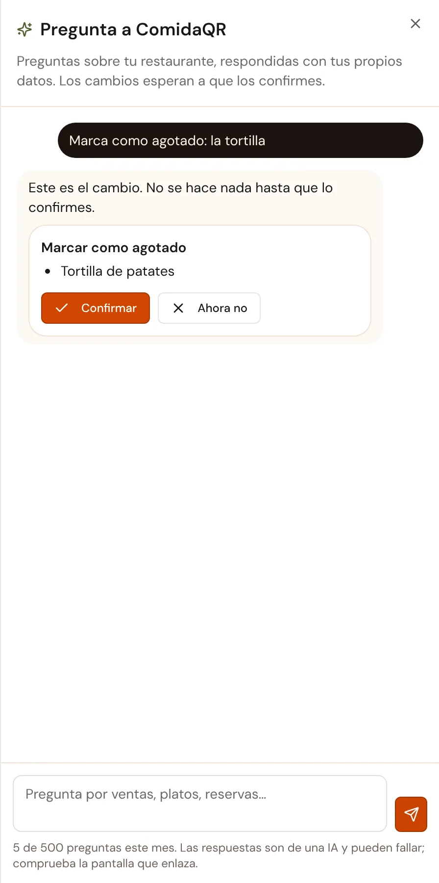 El asistente propone marcar un plato como agotado en el restaurante de demostración