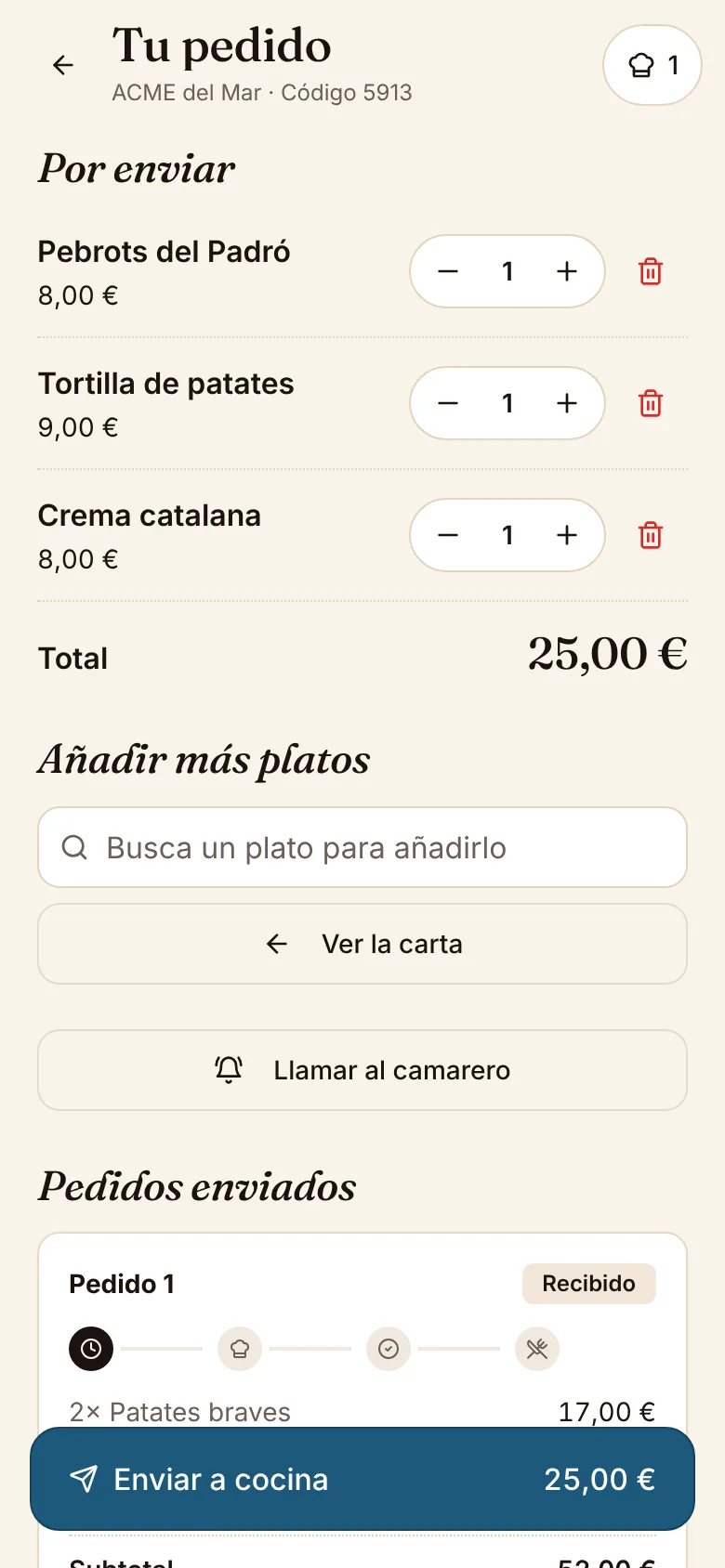Carrito compartido de la mesa en el móvil de un cliente