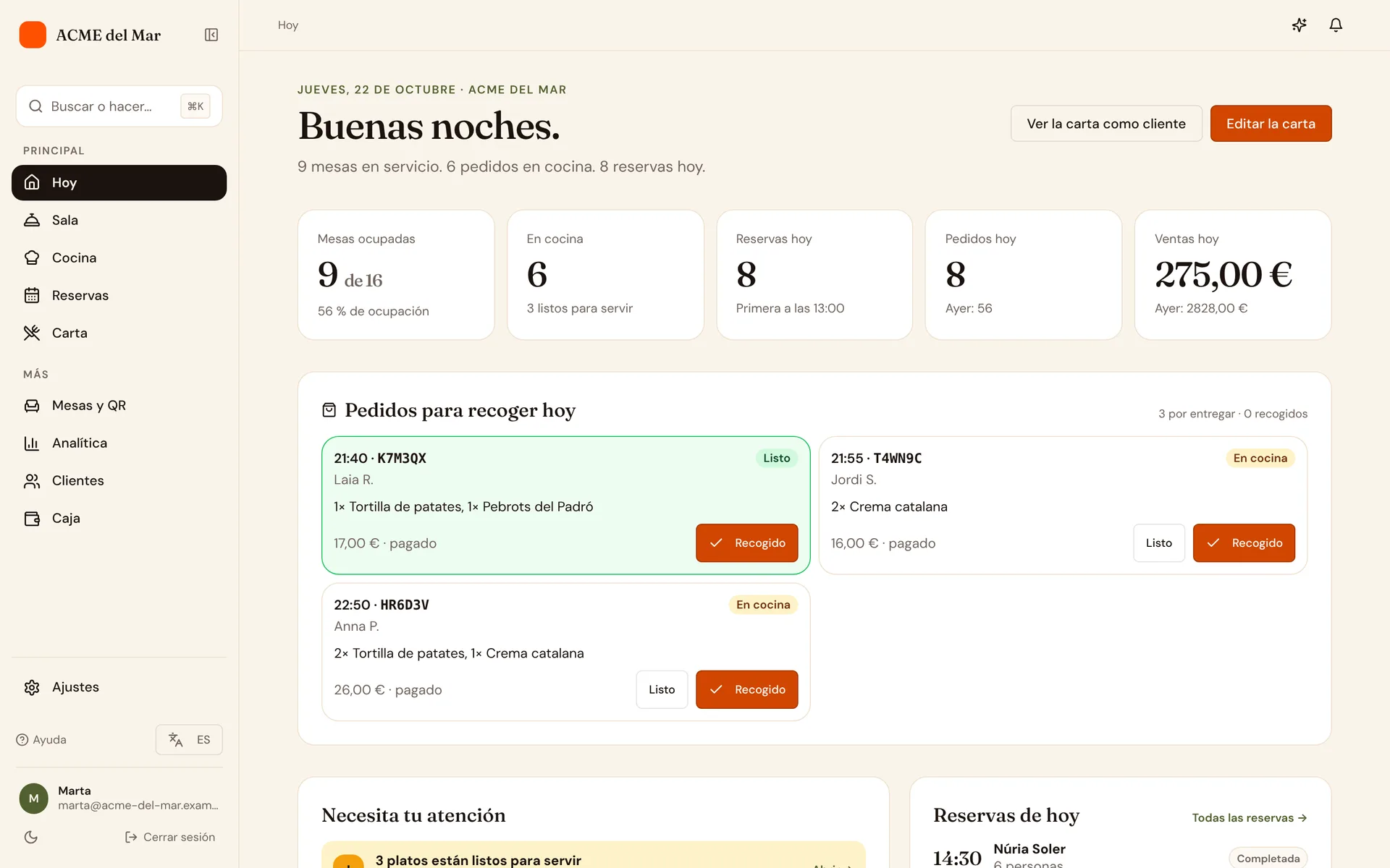 El panel de ComidaQR con las sesiones, pedidos y reservas de hoy