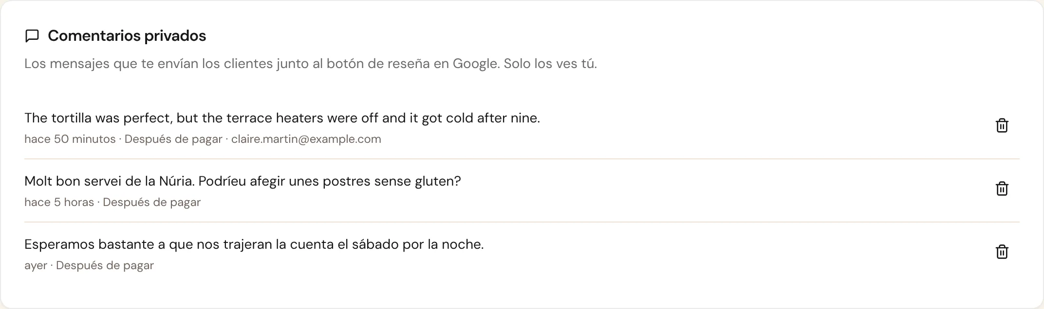 Comentarios privados de clientes en el restaurante de demostración