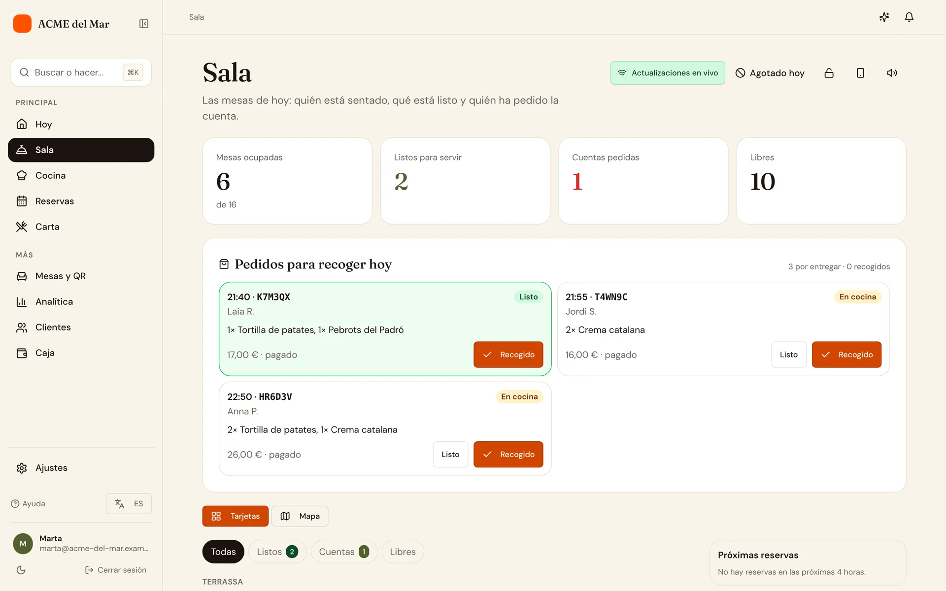 La app de sala de ComidaQR con mesas abiertas, pedidos y cuentas pedidas