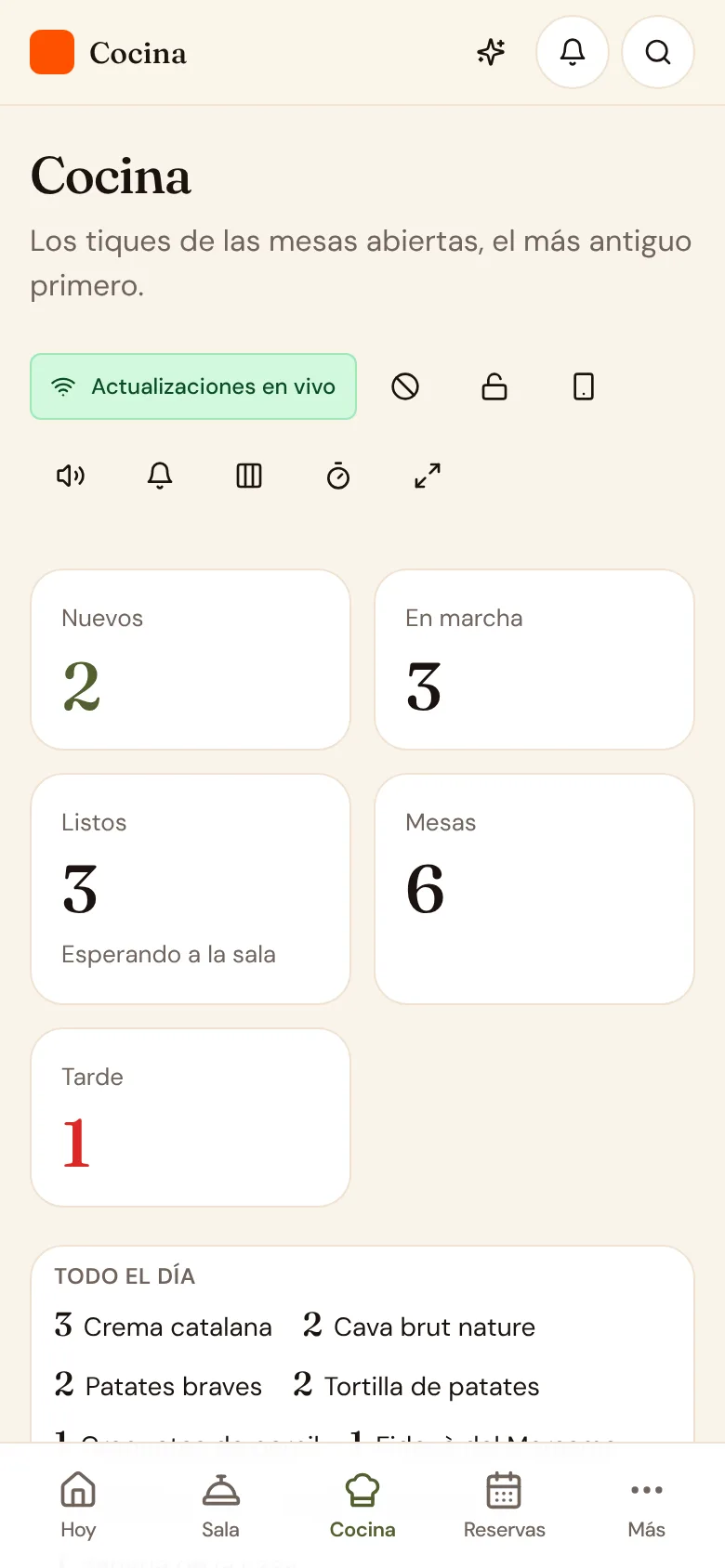 La pantalla de cocina con pedidos por mesa