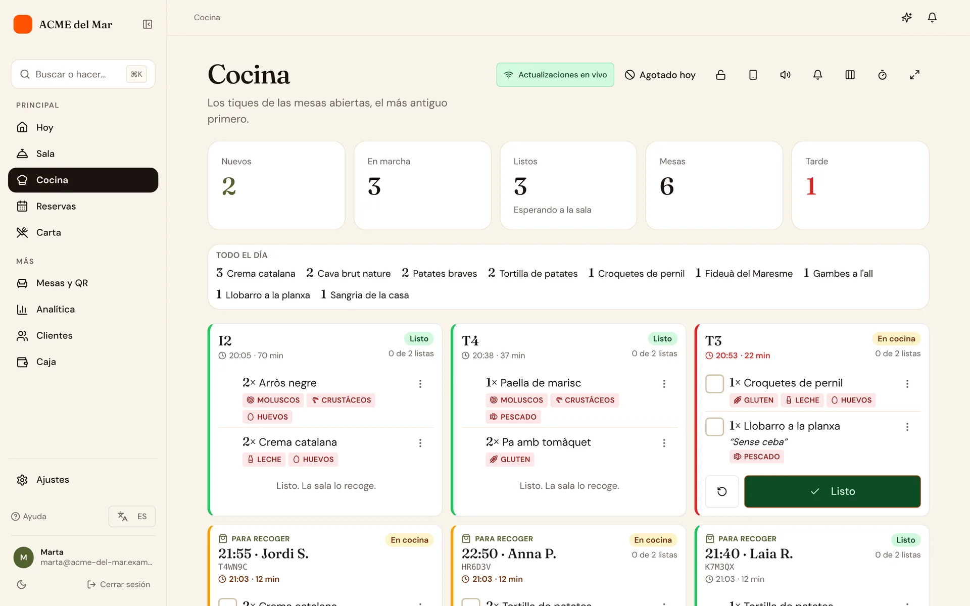App de cocina con comandas en directo por mesa