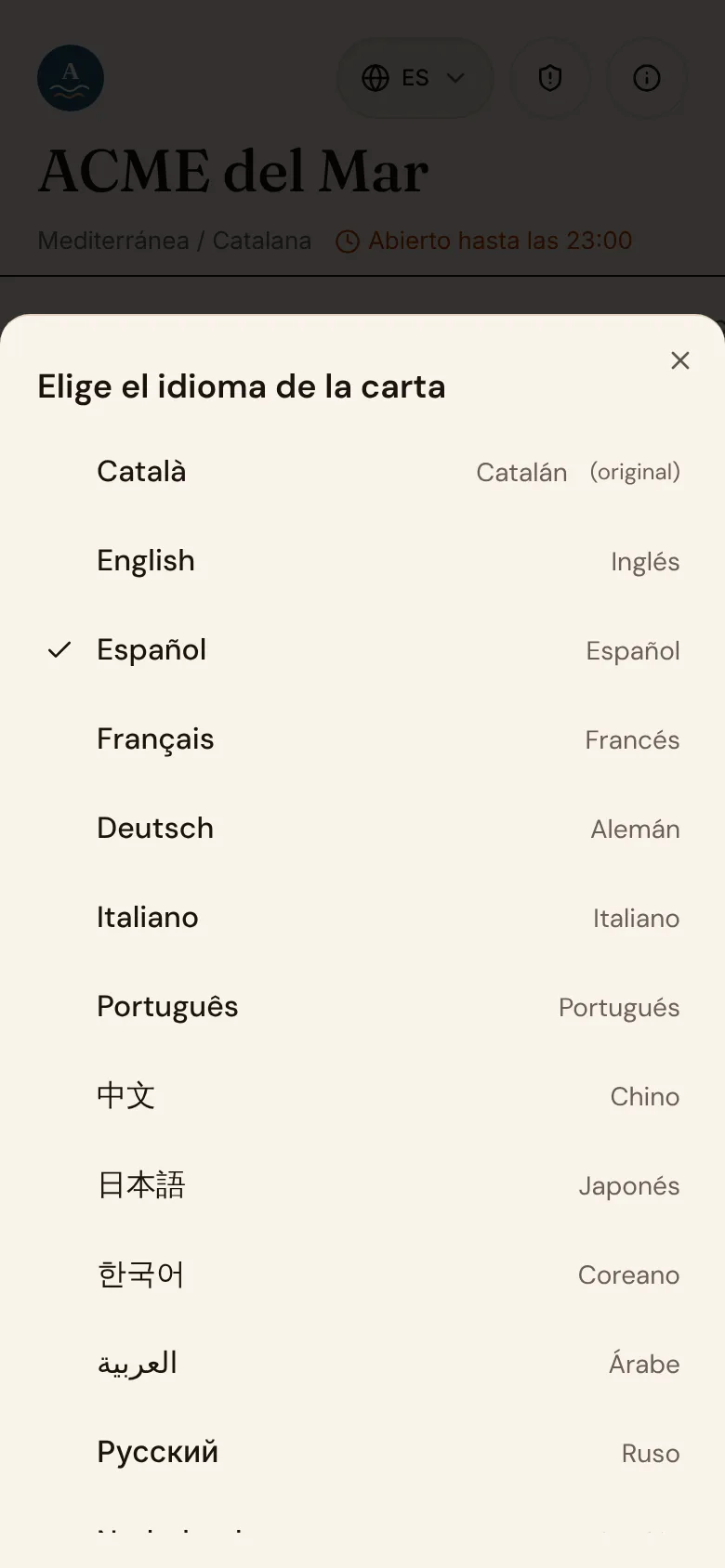 Selector de idioma en la carta con Català, English, Español, Français y más