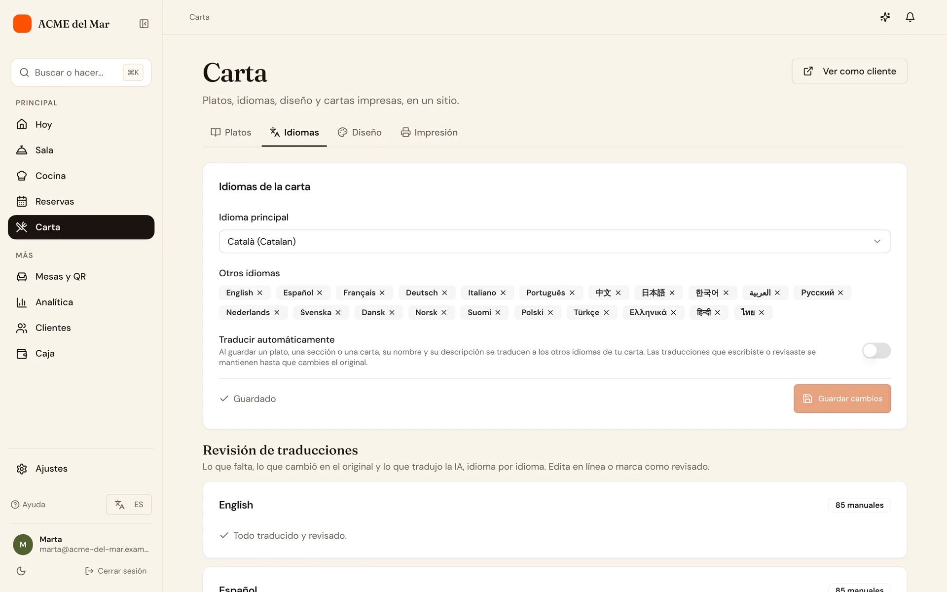 Ajustes de idioma con el idioma base de la carta y 21 idiomas secundarios