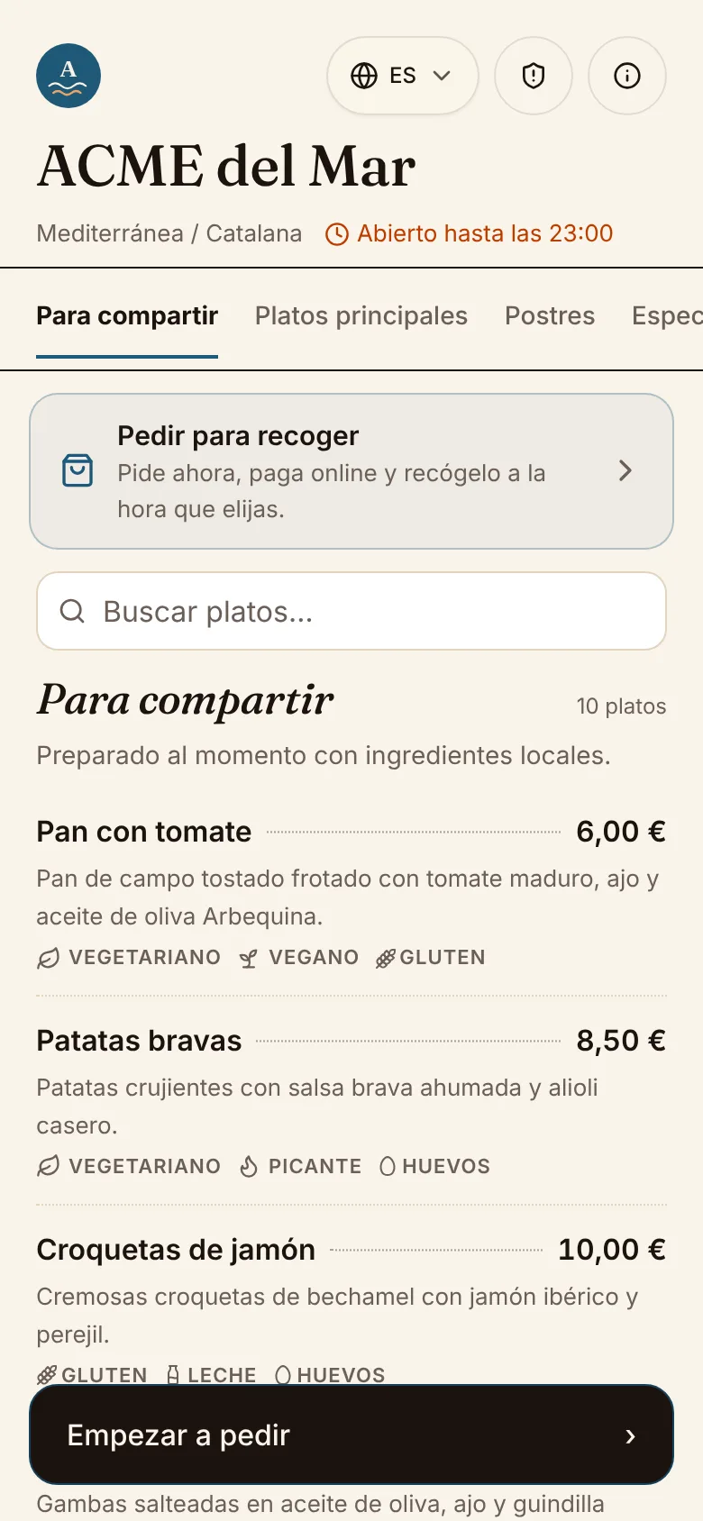 Móvil de un cliente con la carta del restaurante de demostración, fotos y precios