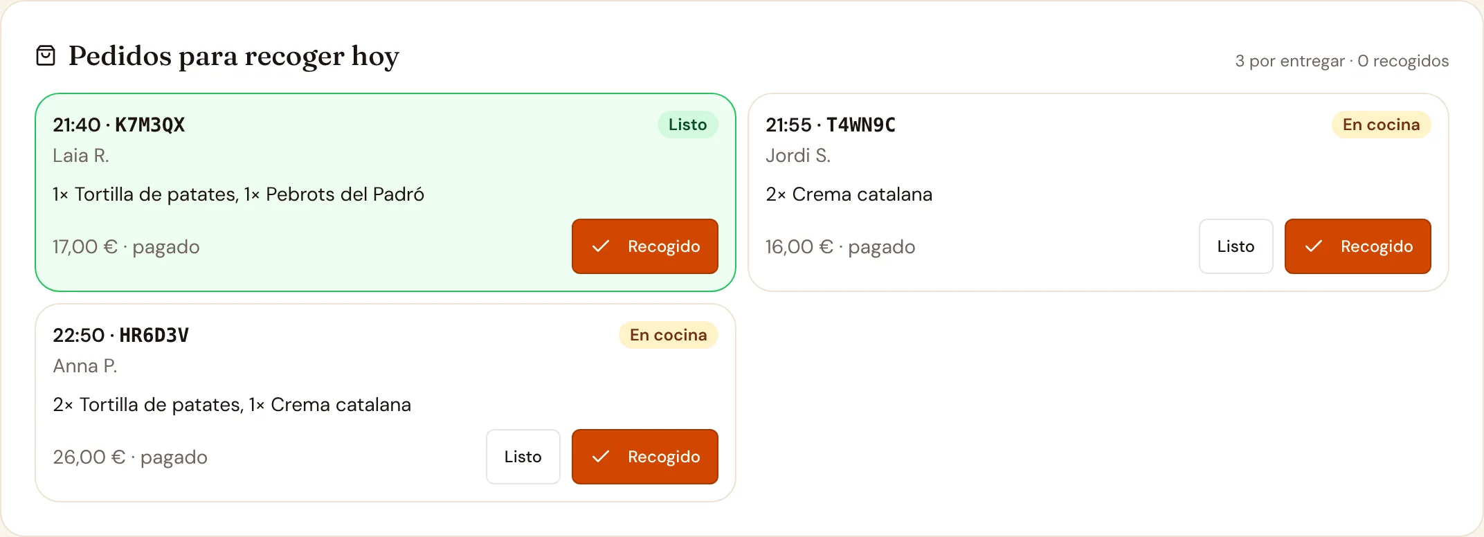 Los pedidos para recoger de hoy en el mostrador del restaurante de demostración